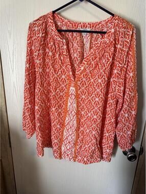 Crown & Ivy Orange & White 2X Blouse Long Sleeves Geometric Print Boho Peasant